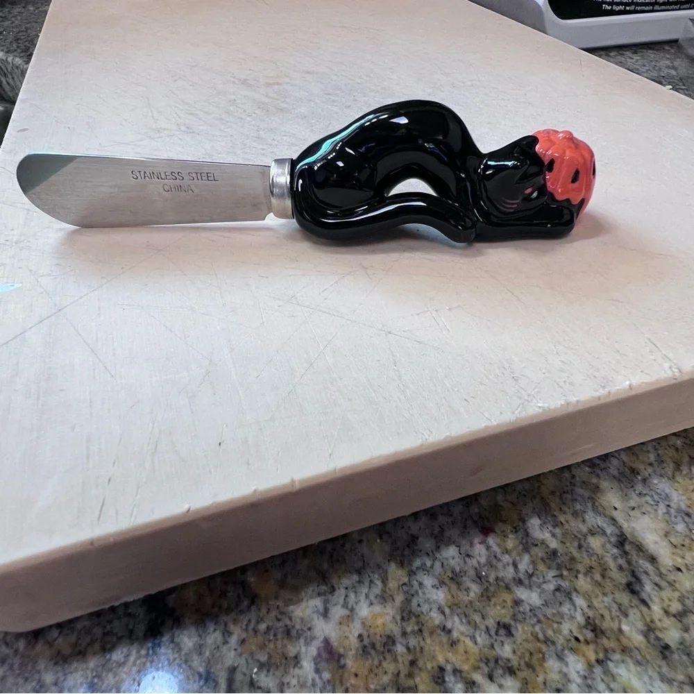 Neiman Marcus‎ Glass Handle Cheese/Butter Knife Set/4 Black Cat Orange Pumpkin